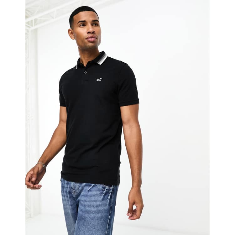 Hollister varsity logo tipping pique polo in black