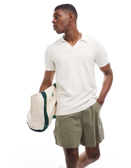 Hollister - Polo in maglia bianca con motivo a righe in rilievo