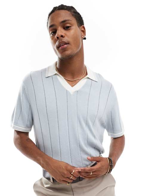 Hollister - Polo in maglia testurizzata a righe azzurra/crema con righe a contrasto sui bordi e colletto aperto 