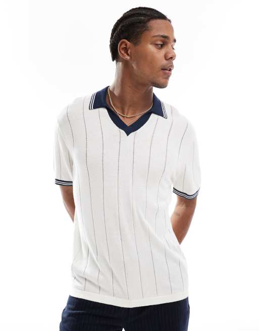Hollister Polo in maglia testurizzata a righe bianca blu navy con righe a contrasto sui bordi e colletto aperto