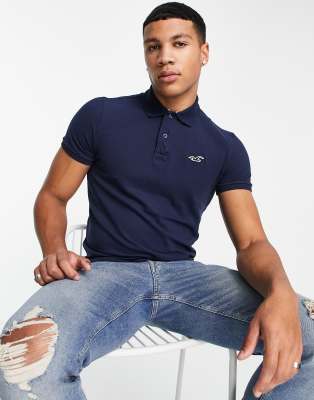 Hollister Polo Stretch Pique Icon Logo Slim Fit in Navy