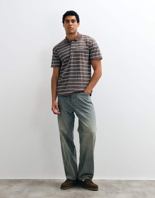 Hollister polo relaxed fit grafico a righe marroni, 3 di 10