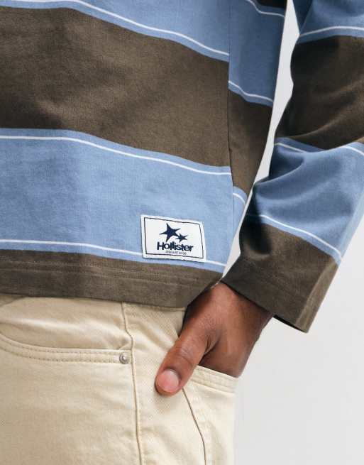 Hollister - polo rugby extragrande de manga larga a rayas marrones y azules, 4 de 5