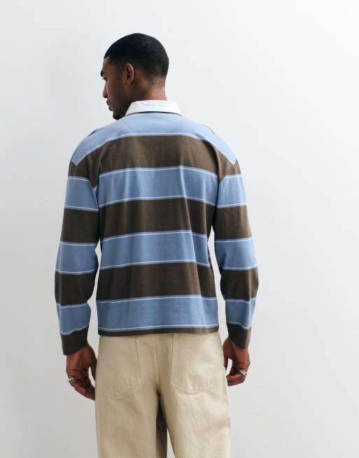 Hollister - polo rugby extragrande de manga larga a rayas marrones y azules, 5 de 5