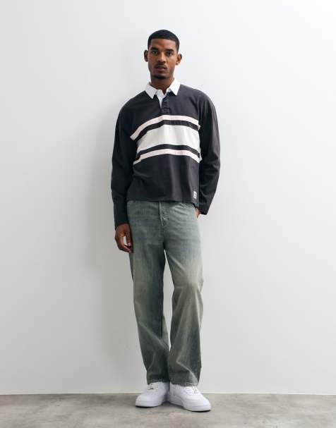 Hollister polo rugby oversize a maniche lunghe a righe nere - view 1