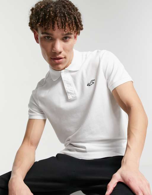 Hollister - Polo slim bianca in piqué con logo con icona, 3 di 4