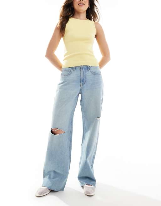 Hollister - Posede og blå jeans med høj talje og slidt finish