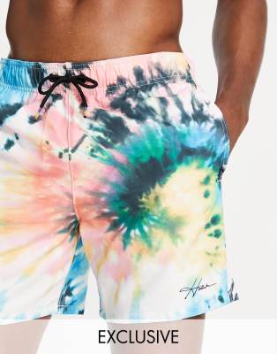 Hollister Pride capsule guard logo rainbow tie dye print swim shorts in multi