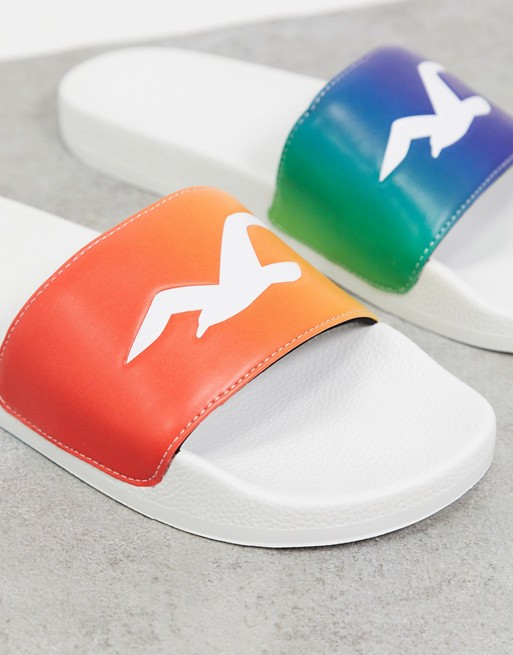 Hollister Pride rainbow slides with logo in white