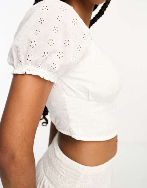 Hollister puff sleeve cropped blouse in white ASOS