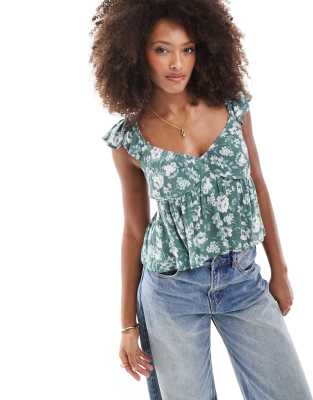 Hollister Hollister puff sleeve floral print babydoll top in green