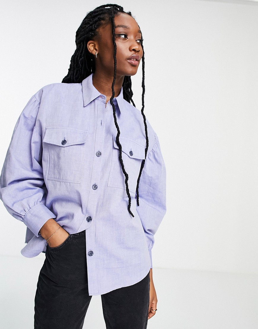 Hollister puff sleeve shirt in chambray-Blues