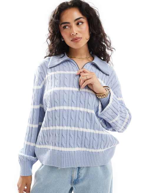 Hollister - Pull à col zippé - Bleu et blanc rayé 
