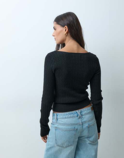 Hollister pull ajusté en maille torsadée à encolure bateau noir, 4 de 4