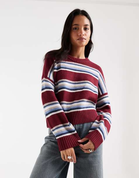 Hollister pull col rond en maille à rayures bordeaux - view 1