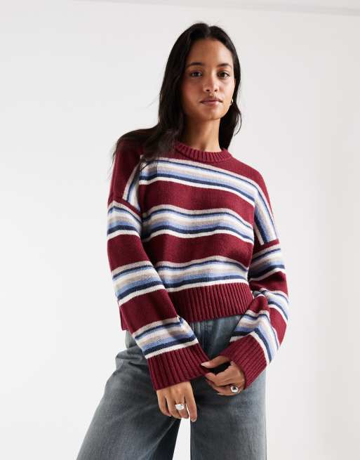 Hollister pull col rond en maille à rayures bordeaux, 1 de 4
