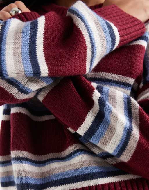 Hollister pull col rond en maille à rayures bordeaux, 2 de 4