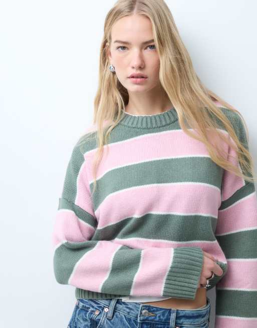 Hollister pull col rond en maille à rayures rose et kaki, 1 de 4