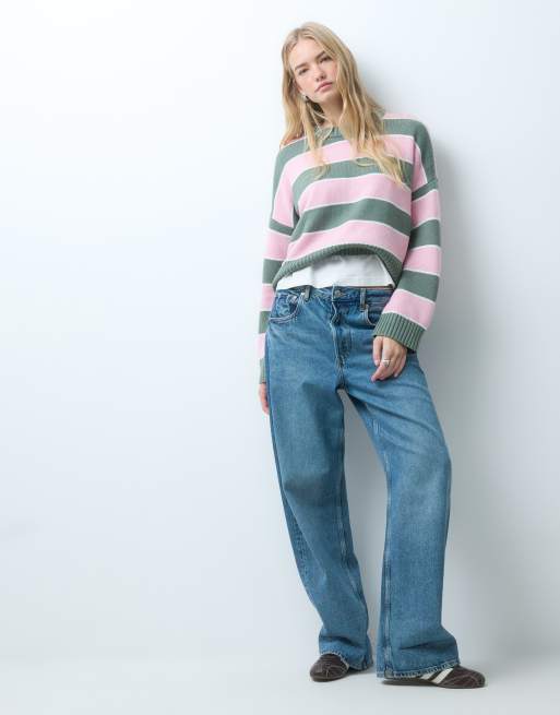 Hollister pull col rond en maille à rayures rose et kaki, 3 de 4