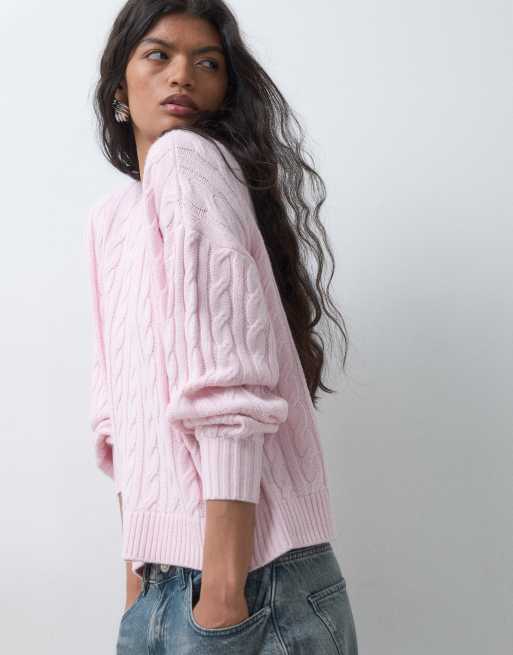 Hollister pull col rond en maille torsadée rose pâle, 5 de 5
