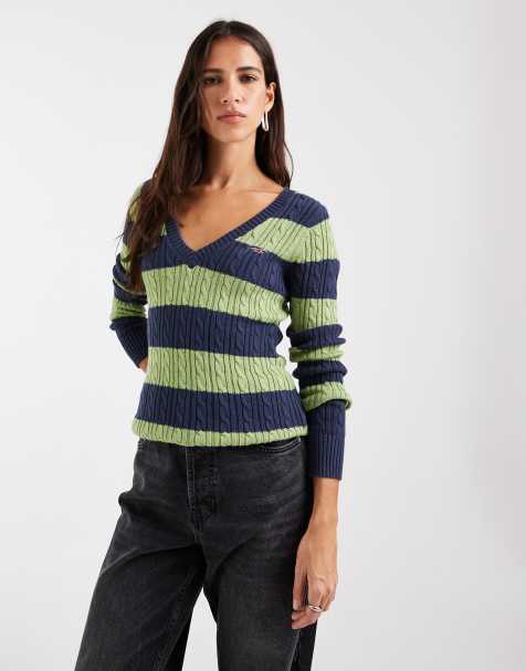 Hollister pull col V en maille avec logo iconique à rayures vertes et bleu marine - view 1