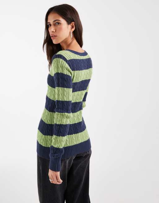 Hollister pull col V en maille avec logo iconique à rayures vertes et bleu marine, 3 de 4