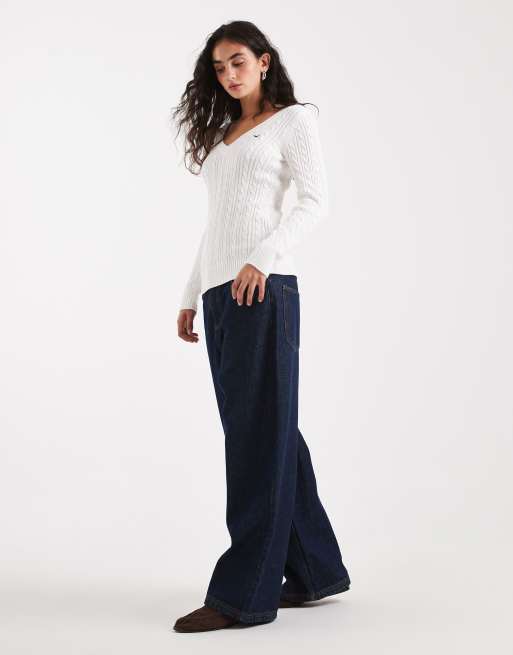 Hollister - Pull col V en maille torsadée avec logo emblématique - Blanc, 3 de 4