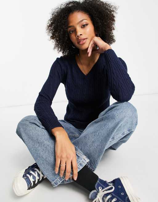 Hollister Pull col V en maille torsadee Bleu marine
