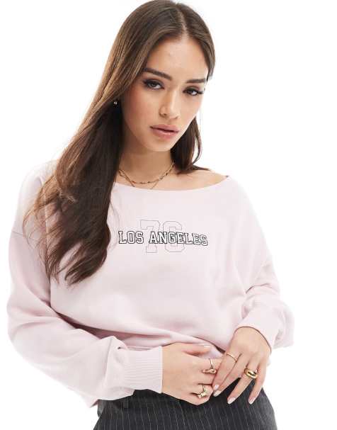 Hollister - Pull court à épaules dénudées et logo Los Angeles - Rose clair - view 1