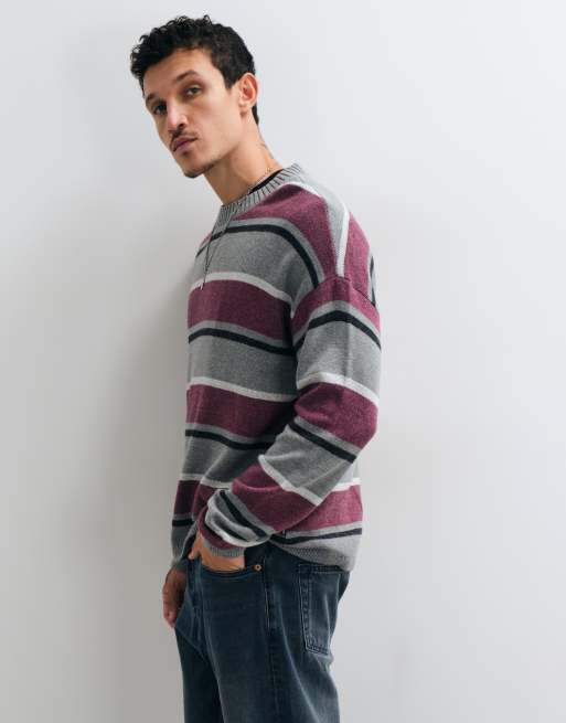 Hollister pull en maille à col rond rayé gris et bordeaux, 1 de 5