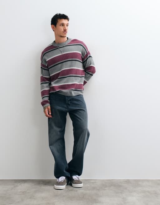 Hollister pull en maille à col rond rayé gris et bordeaux, 3 de 5
