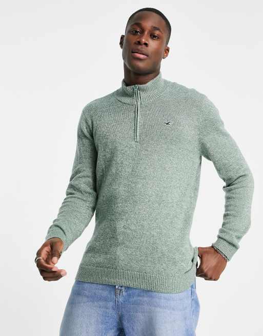 Hollister - Pull en maille à col zippé et logo emblématique - Vert sauge