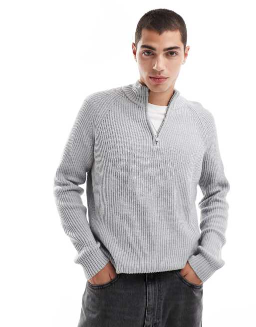 Hollister - Pull en maille à fermeture éclair partielle - Gris