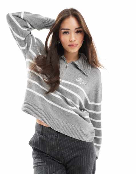 Hollister - Pull en maille à rayures avec col zippé - Gris - view 1