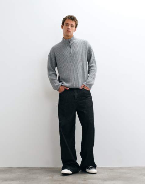 Hollister pull en maille à zip 1/4 côtelé gris - view 1