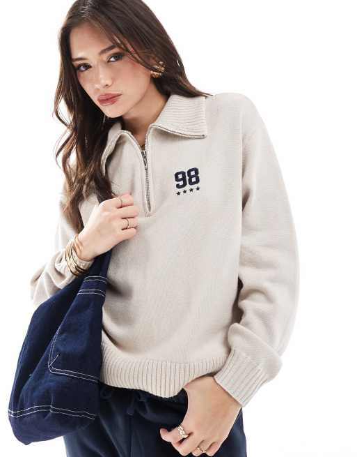 Hollister - Pull en maille avec col zippé à logo - Beige