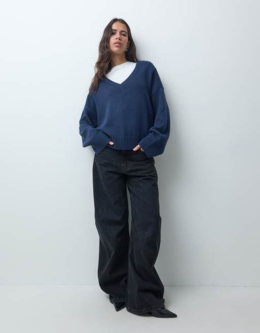 Hollister pull en maille col V bleu marine, 1 de 4