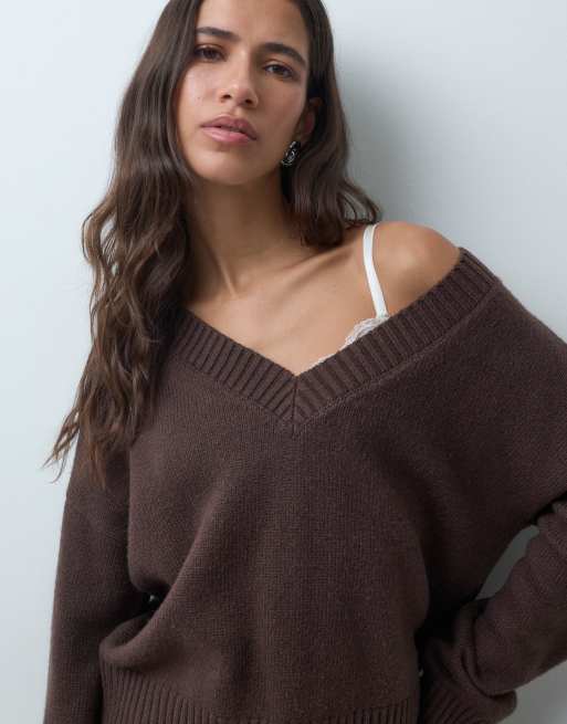 Hollister pull en maille col V marron, 1 de 4
