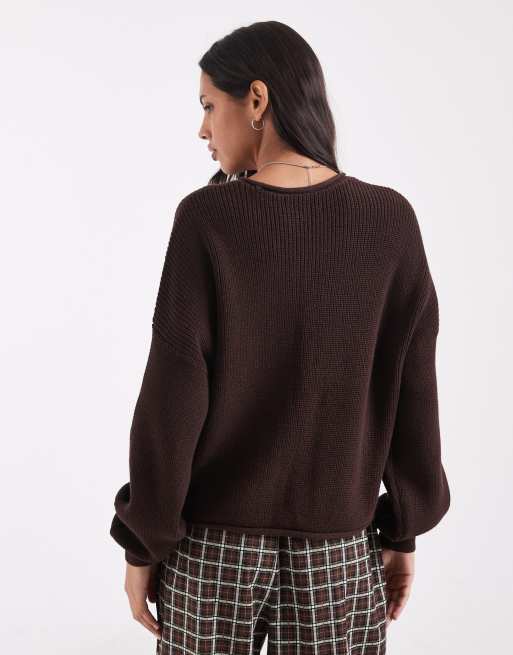 Hollister pull en maille coupe boxy col rond marron, 4 de 4
