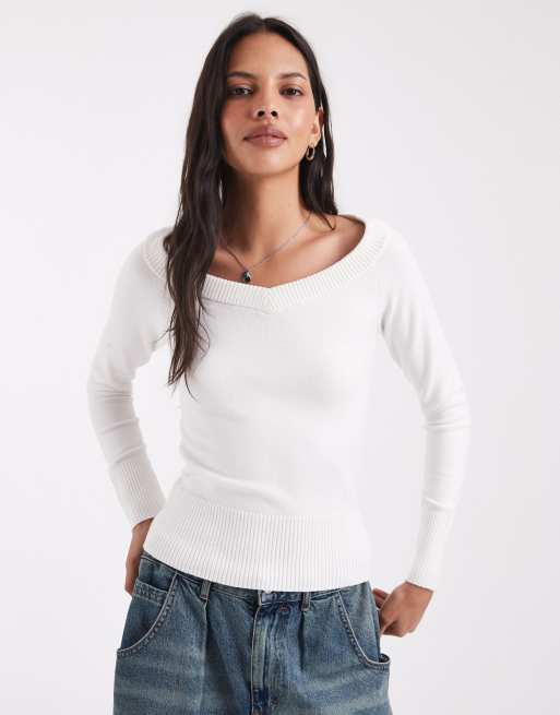 Hollister pull en maille slim à épaules nues blanc, 1 de 4