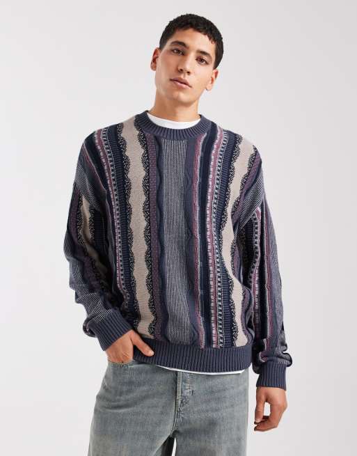 Hollister - Pull en maille torsadée style vintage - Bleu à rayures