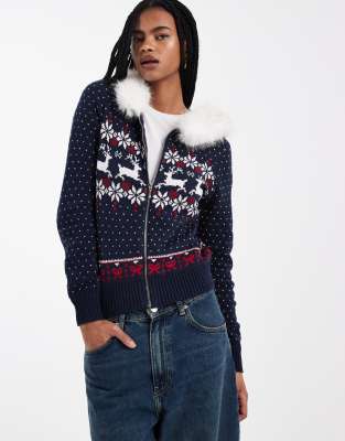 Pull en maille zippé à capuche en fausse fourrure - Bleu marine à motif jacquard XS