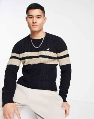 Hollister - Pull ?�pais en maille torsad?�e color block avec logo embl?�matique - Noir | ASOS