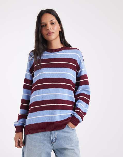 Hollister pull oversize en maille à col rond à rayures bordeaux et bleues - view 1