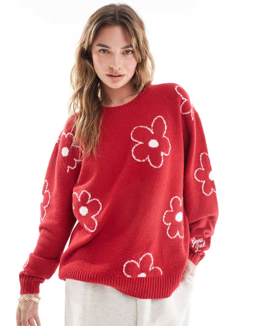 Hollister - Pull oversize en maille à fleurs - Rouge