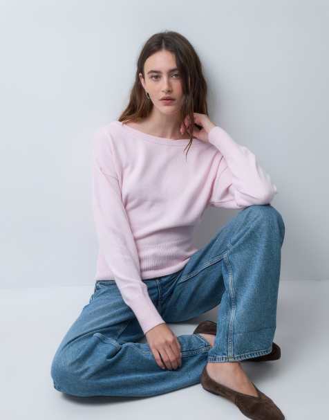 Hollister pull oversize en maille à une épaule rose bébé - view 1