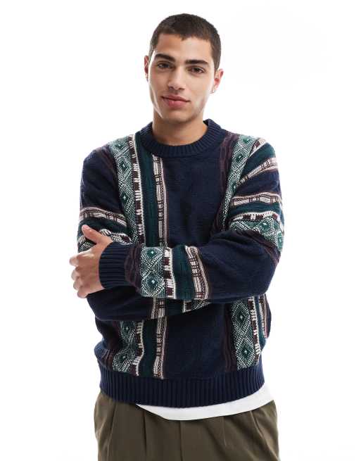 Hollister – Pullover in Marineblau-Bunt mit Vintage-Muster