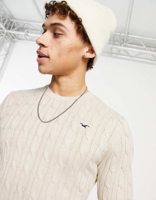 Hollister – Pullover in Sand mit Logo und Zopfmuster, 2 von 4