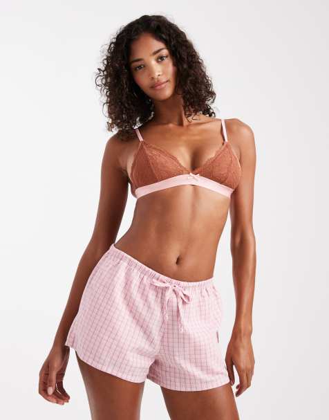 Hollister – Pyjama-Boxershorts in rosa kariert mit Rüschensaum - view 1