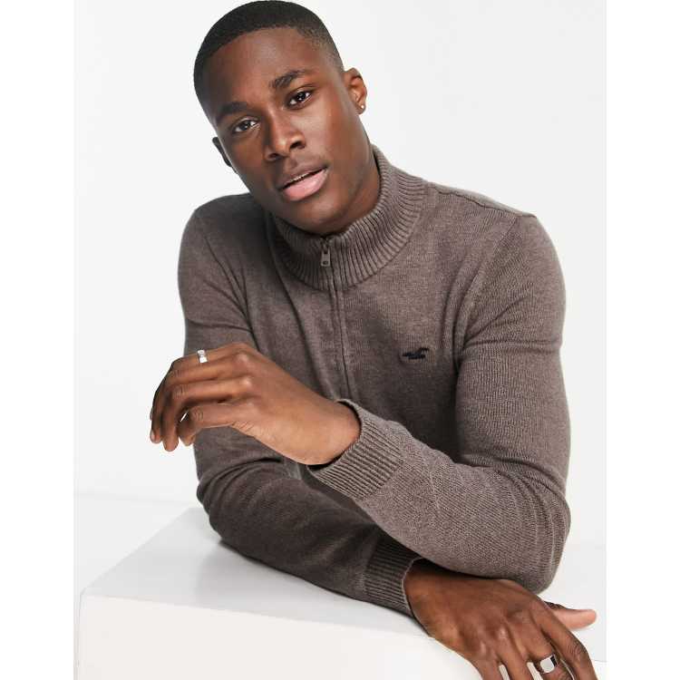 Hollister quarter zip knit sweater in brown gray ASOS